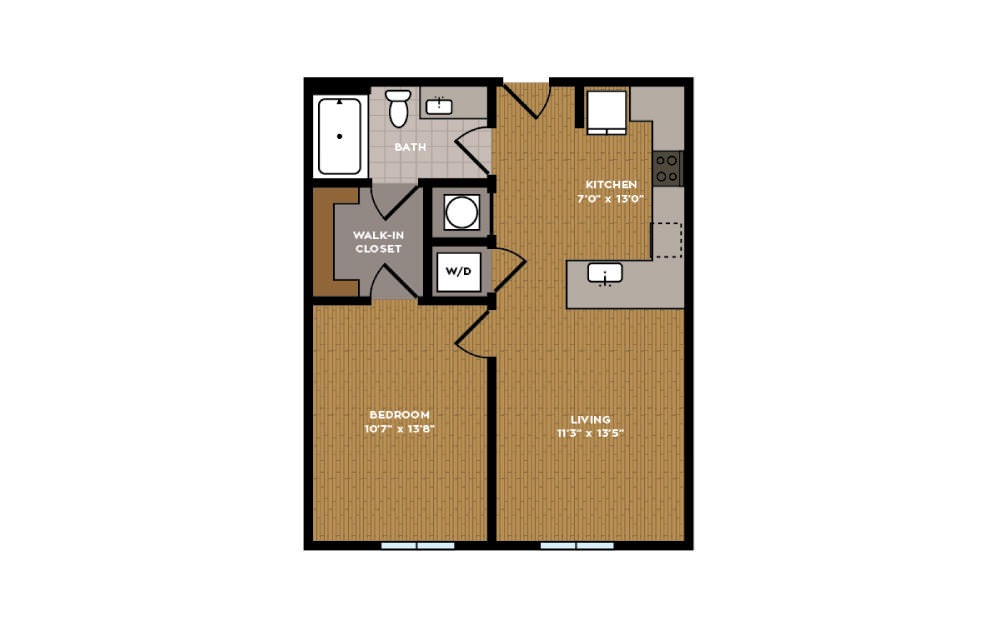 1A-1 - 1 bedroom floorplan layout with 1 bath and 568 square feet.