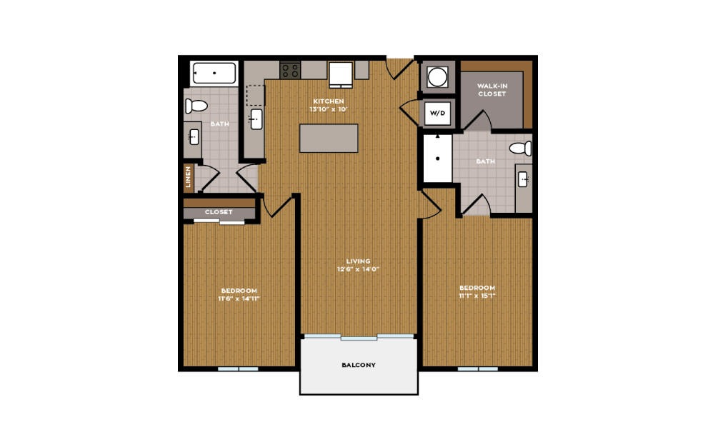 2A-1 - 2 bedroom floorplan layout with 2 baths and 1023 square feet.