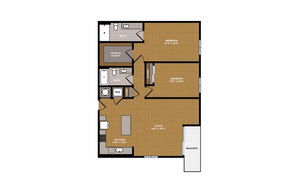 2C-1 - 2 bedroom floorplan layout with 2 baths and 1077 square feet.