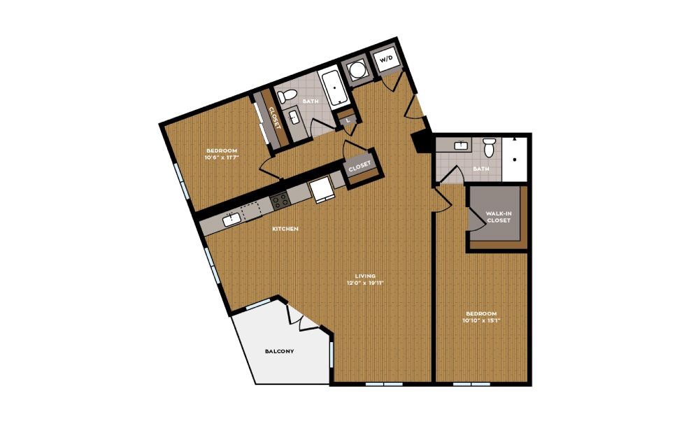 2D-1 - 2 bedroom floorplan layout with 2 baths and 1168 square feet.