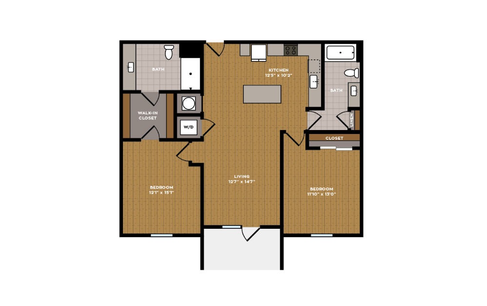 2E-1 - 2 bedroom floorplan layout with 2 baths and 1039 square feet.