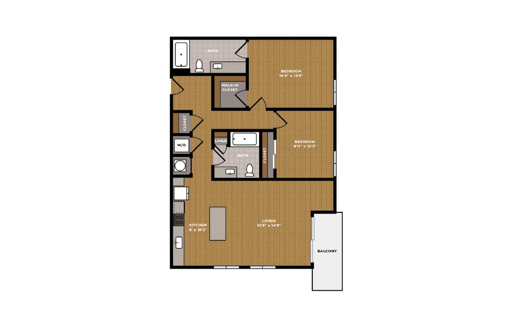 2H-1 - 2 bedroom floorplan layout with 2 baths and 1063 square feet.