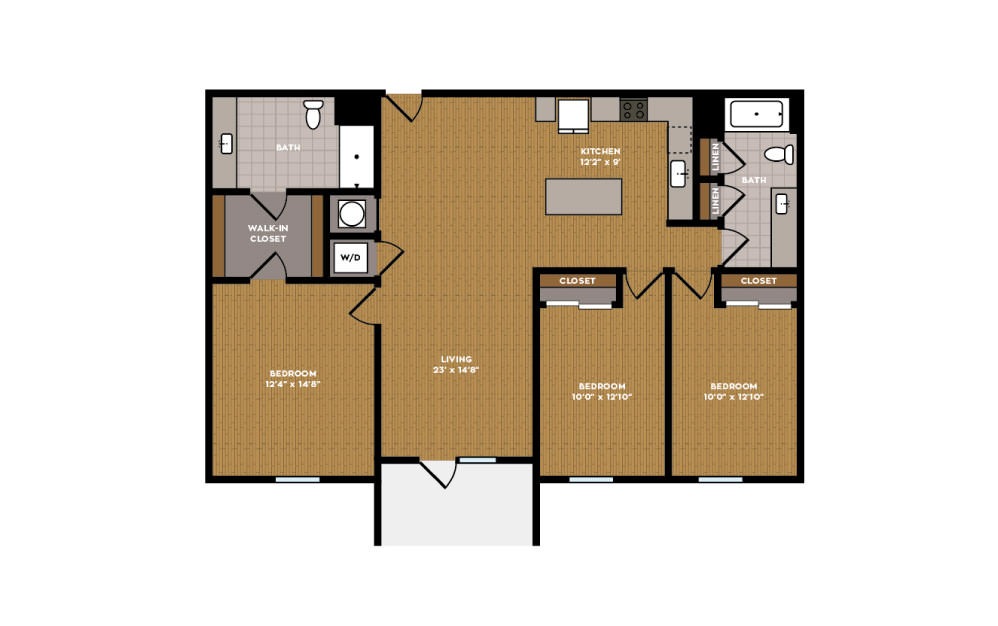 3A-1 - 3 bedroom floorplan layout with 2 baths and 1291 square feet.