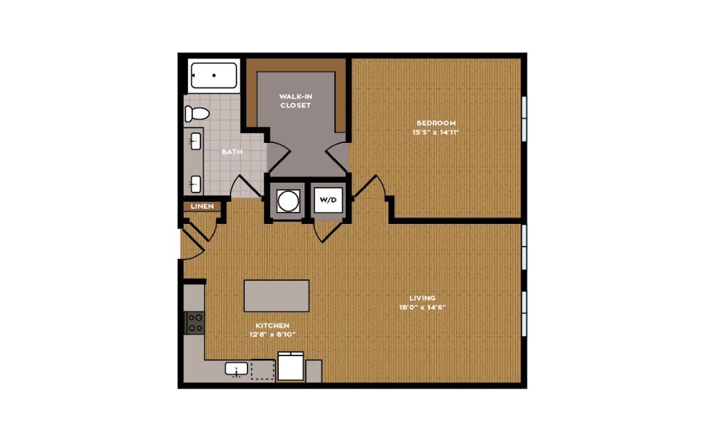 1E-1 - 1 bedroom floorplan layout with 1 bath and 886 square feet.