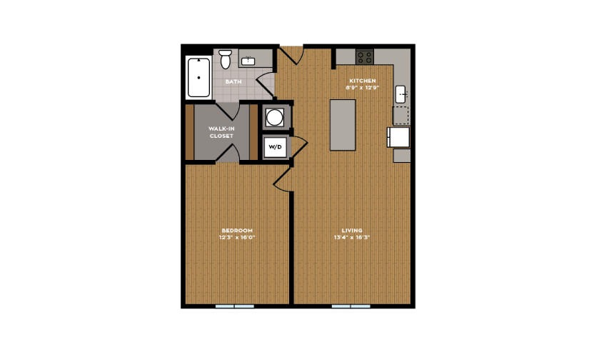 1C-1 - 1 bedroom floorplan layout with 1 bathroom and 743 square feet