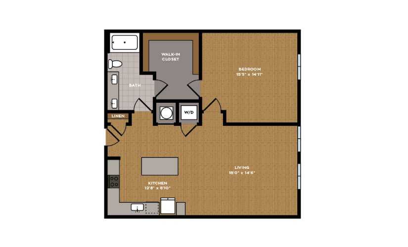 1E-1 - 1 bedroom floorplan layout with 1 bathroom and 886 square feet