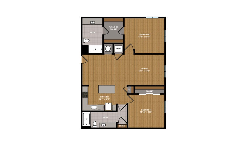 2B-1 - 2 bedroom floorplan layout with 2 bathrooms and 1122 square feet
