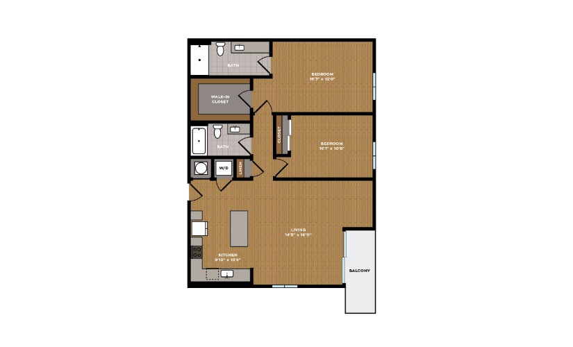 2C-1 - 2 bedroom floorplan layout with 2 bathrooms and 1077 square feet