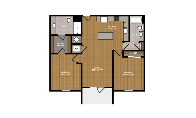 2E-1 - 2 bedroom floorplan layout with 2 bathrooms and 1039 - 1138 square feet