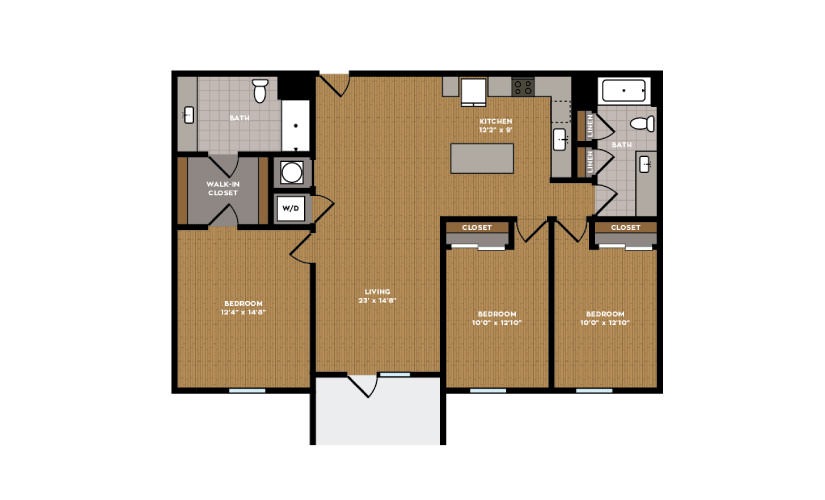 3A-1 - 3 bedroom floorplan layout with 2 bathrooms and 1291 - 1398 square feet
